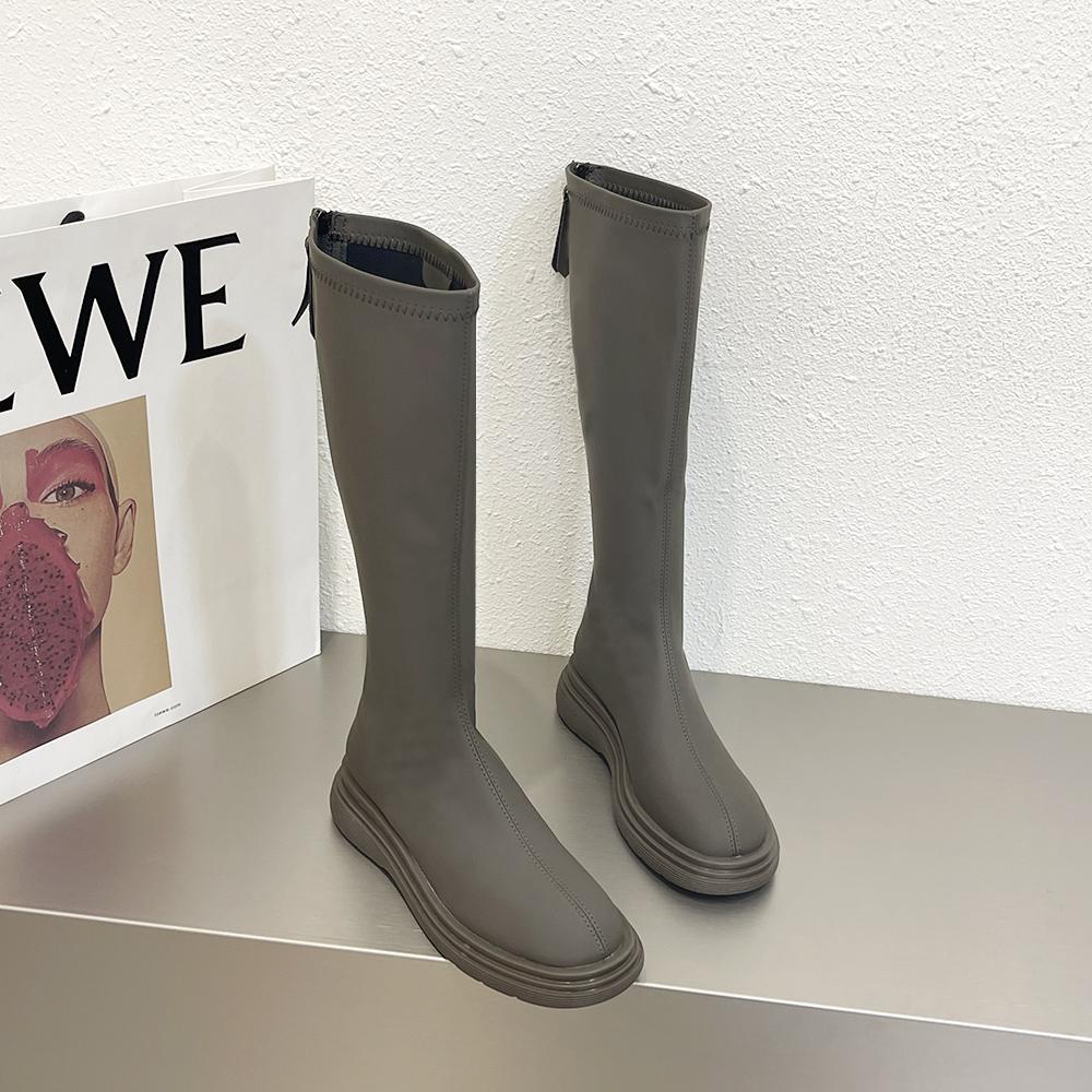 Fashion 2024 Women Long Boots Thick Sole Ladies Zipper Knight Flats Heel Boots Fashion Knee-high Boots Keep Warm Plush Winter Shoes