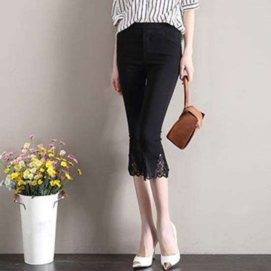 Женские укороченные брюки, однотонные, высокоэластичные, летние, расклешенные брюки, кружевная отделка, обтягивающие леггинсы с карманами