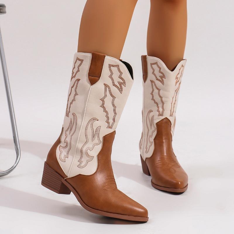 Fashion 2024 Winter Mid-calf Boots New Fashion Retro Women's Pointed Toe Embroidered Cowgirl Booties Shoes