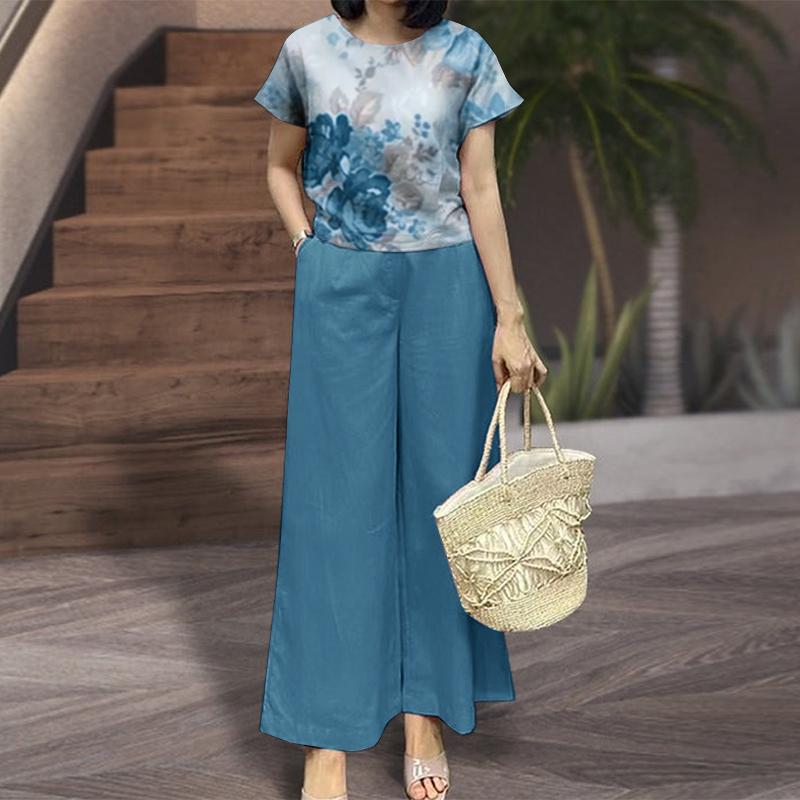 ZANZEA Женские повседневные комплекты из блузки и брюк с принтом из двух предметов