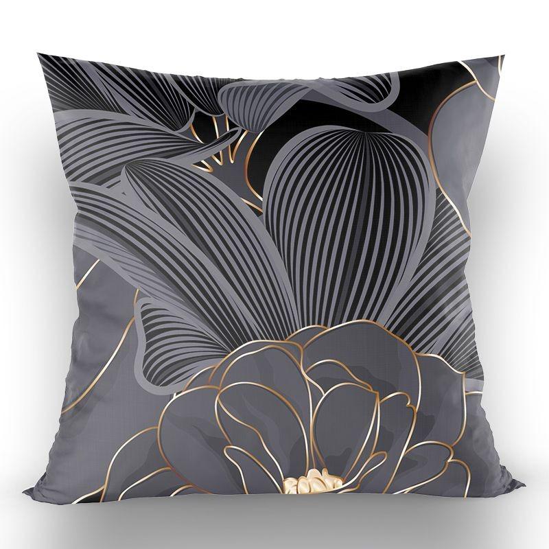 Chinese-Style High-End Modern Throw Pillow Cover, Black With Gold Foil Floral And Lotus Design, Suitable For Living Room Sofa