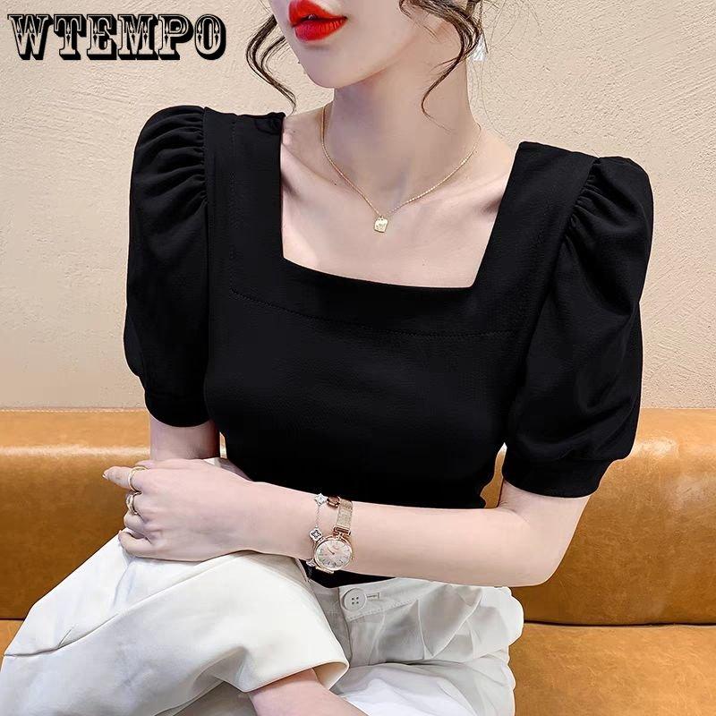 WTEMPO Retro Puff Sleeve Square Collar Short Sleeve T-Shirts Women's Summer Casual Solid Shirts Streetwear