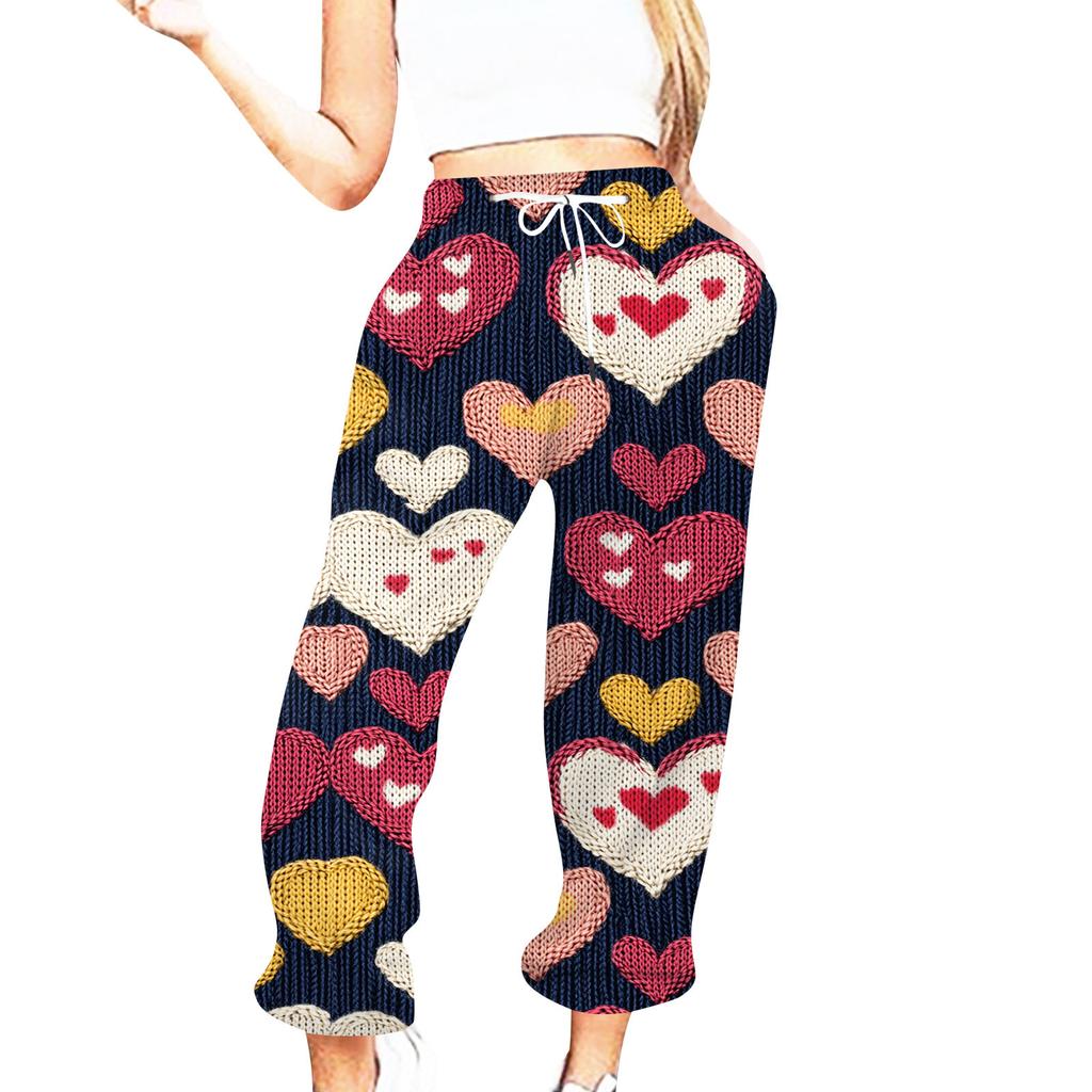 Женская повседневная мода День святого Валентина Повседневные брюки с принтом Спортивные брюки Брюки с эластичной резинкой на талии со шнурком Брюки со шнурком