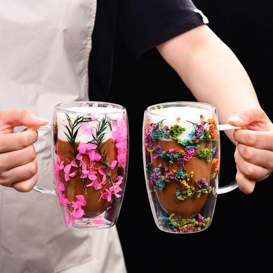 Кружка из стекла с двойными стенками с блестками в виде цветов внутри, 450 мл, большой объем, термостойкая, прозрачная кружка, креативная чашка для завтрака и кофе