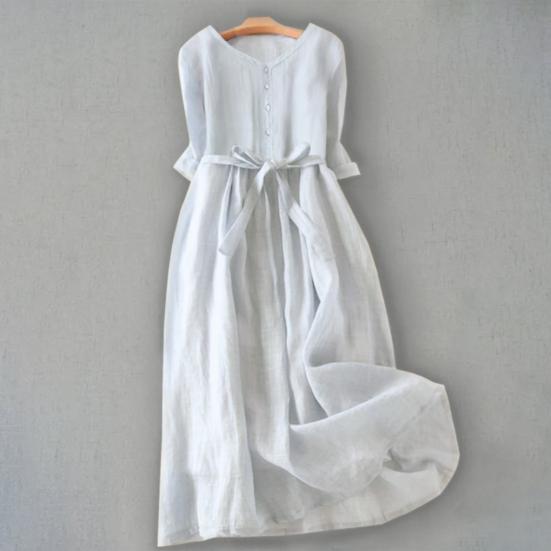 Женское летнее платье с круглым вырезом в стиле ретро, ​​чистый цвет, с короткими рукавами, плиссированное трапециевидное платье с высокой талией и большим подолом, однобортное платье миди для отдыха