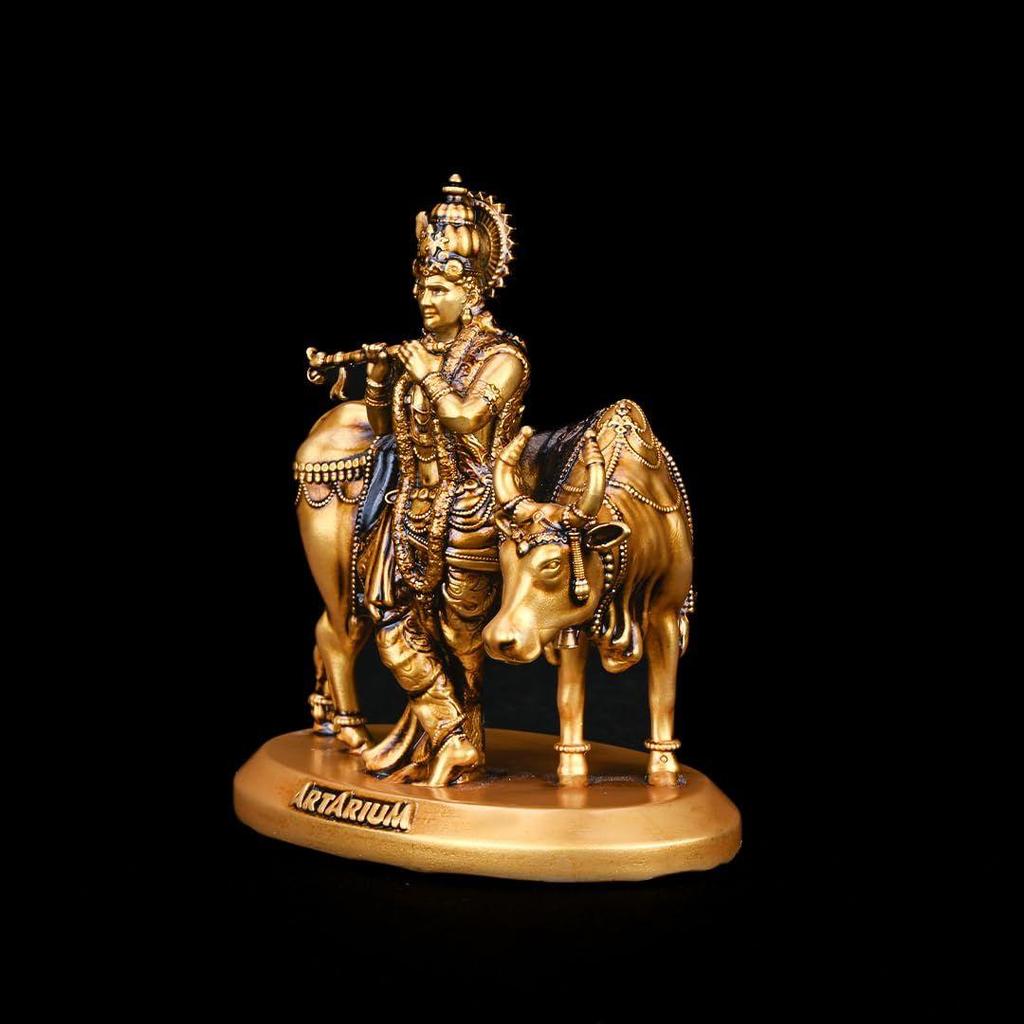 Сделанный вручную Кришна с коровой Мурти Идол Статуэтка Джанамаштами Экспонат для приборной панели автомобиля Домашний декор Офисный и настольный декоративный