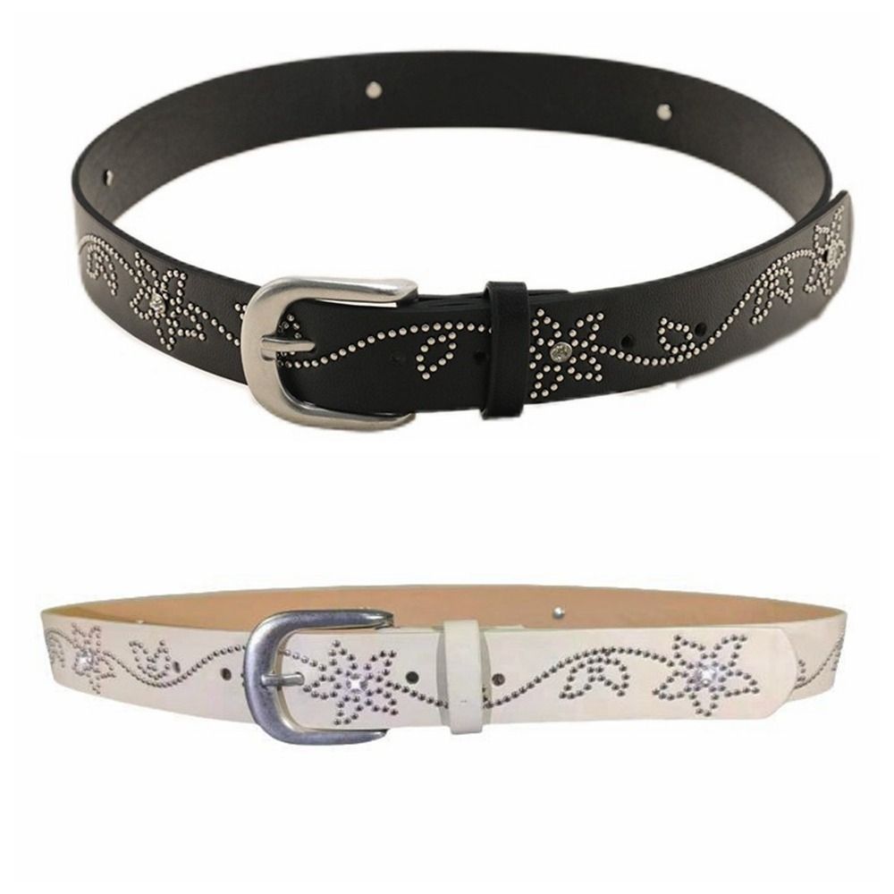 Flower Rivet Belt Y2K PU Leather Waistband Unique Rhinestone Belt Women