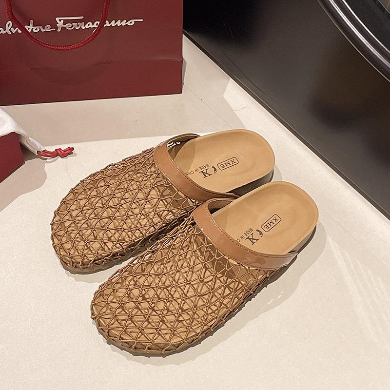 Сетчатая плетеная сумка, шлепанцы с закрытым носком, женская летняя обувь 2025, новая французская юбка, прохладные шлепанцы, римские сандалии женские