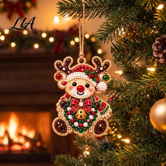 Creative Seasonal Home Decor 10 Pcs Faux Diamond Painting Art Christmas Ornaments, DIY Pearl Beads Holiday Craft Set with Wooden Base Jute Twine,
