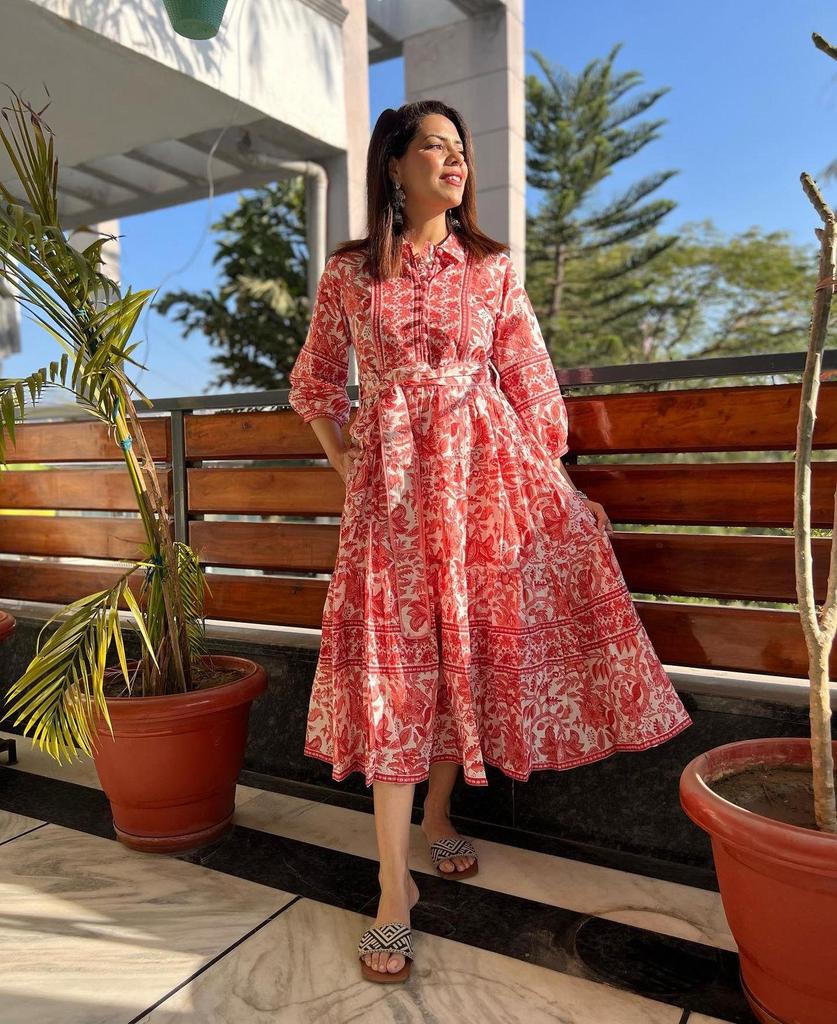 HandBlock Print Dress Jaipur Morni Cotton Summer Midi Dress White Coral Cotton Shirt Dress with Belt,pockets