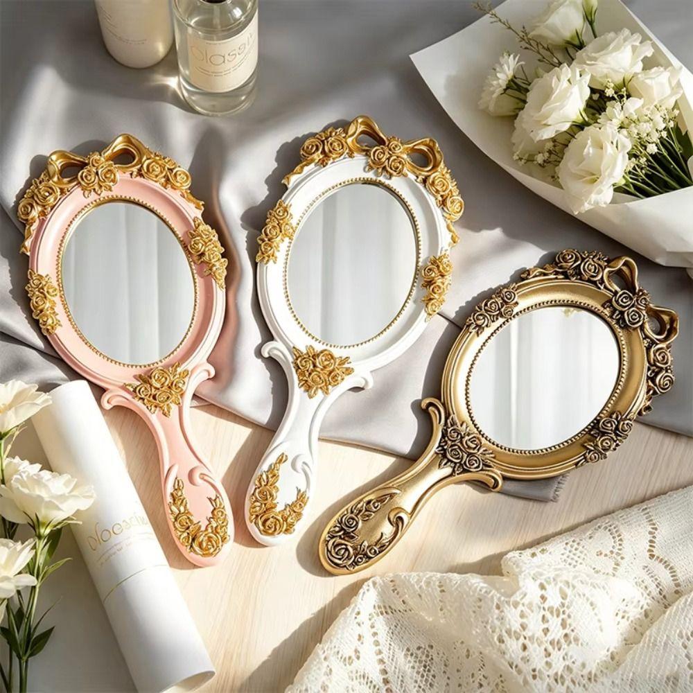 Embossed Rose Handheld Mirrors Single-Sided Vintage Mirror Creative Cosmetic Mirror Travel Use