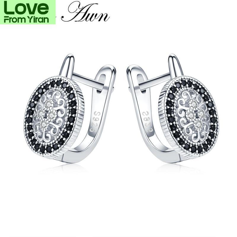 Black Awn Classic 925 Sterling Silver Round Black Trendy Spinel Engagement Hoop Earrings For Women Fine Jewelry Bijoux I149
