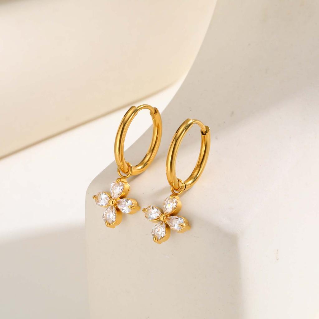 Luxury Zircon Four Leaf Flower Hoop Earrings for Women, Hypoallergenic Stainless Steel Charm Earrings, Party Jewelry Gift