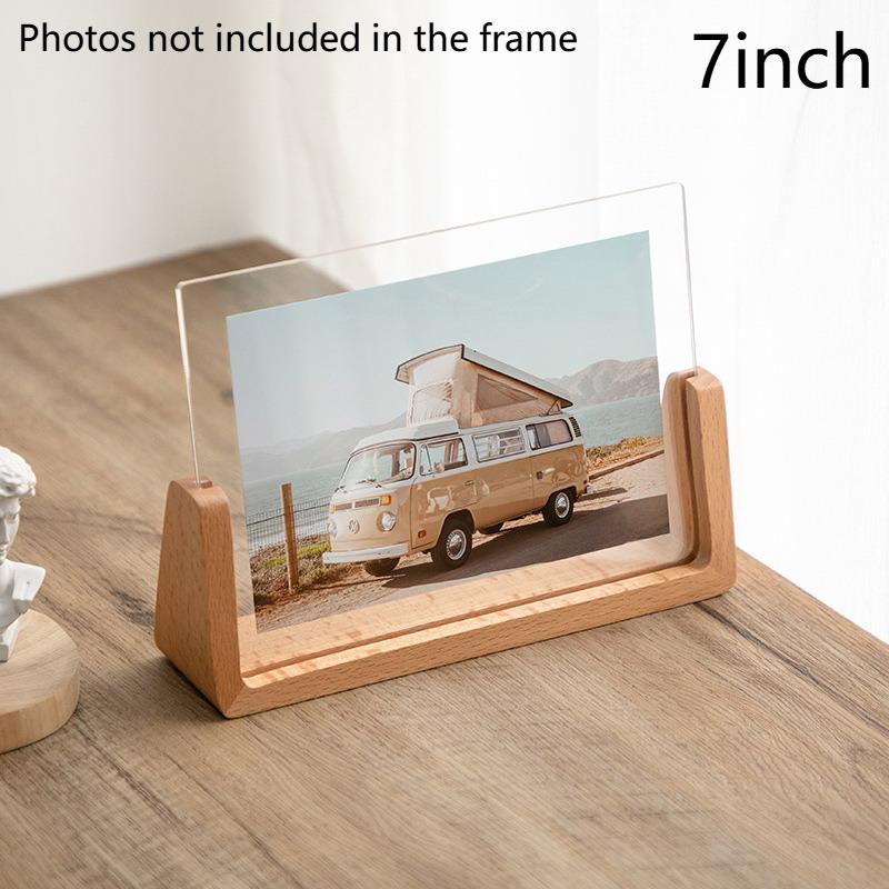 Modern U Shaped Acrylic Photo Frame Walnut/Beech Base Transparent Desktop Decor for Home Office Photo Display Gift
