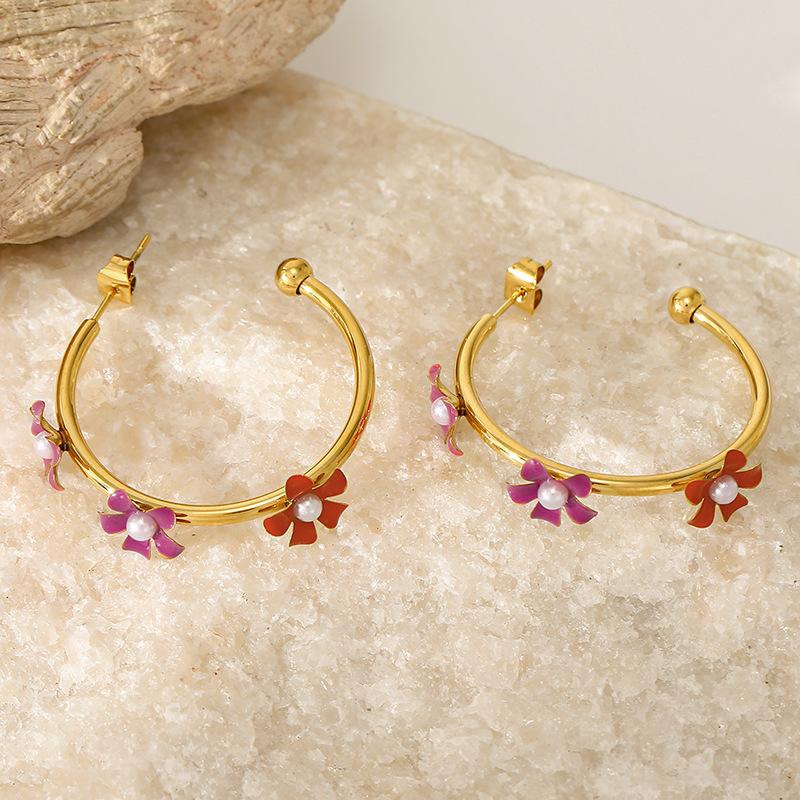 French Gentle Wind Three-dimensional Flower Earrings Small Flower Imitation Pearl Opening C-Type Earrings Stainless Steel Jewelry
