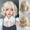 12 Inch Water Curly Wave Short Bangs Wigs Blonde Fiber Synthetic Wigs Heat-resistant Natural Party or Selfie For Women Korean Fashion