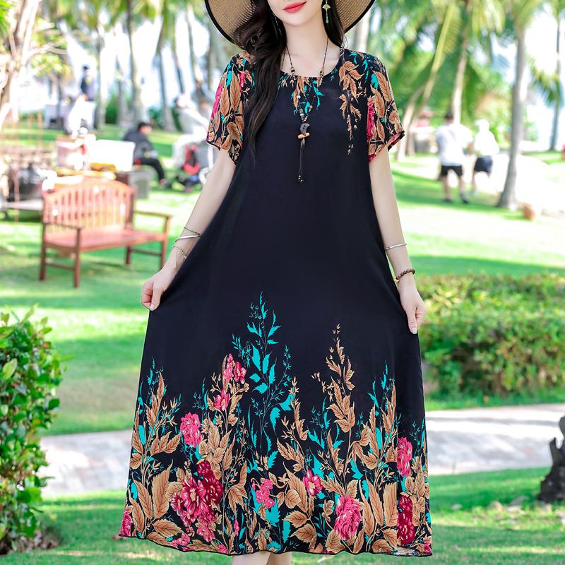 Большие размеры повседневные женские платья летние свободные короткие рукава длинные платья женские винтажные одежды