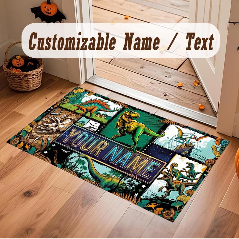 Dinosaur Theme Soft Crystal Velvet Rug Custom Name & Text Print Non Slip Floor Rug for Bedroom Living Room