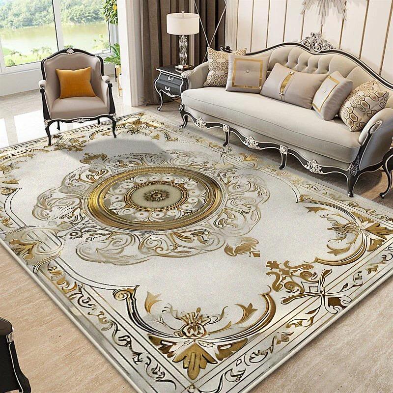 European Style Golden Carpet Living Room Luxury Decoration Flannel Large Rugs Sofa Area Coffee Tables Non-slip Soft Mat Bedroom