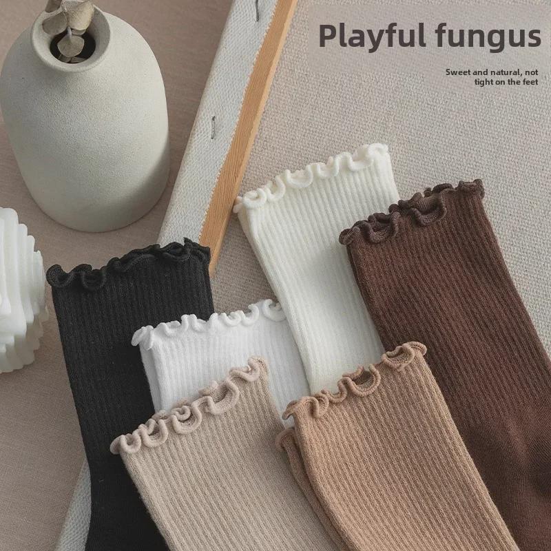 Женские носки средней длины из чистого хлопка с оборками по краю - черное кружево, японский стиль для всех сезонов