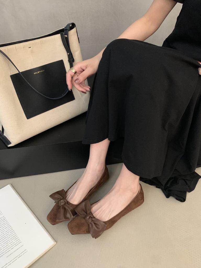 Французский вечерний ветер бант замша квадратный носок легкий рот туфли на одной педали для работы не уставшие ноги маленькие одинарные туфли женские