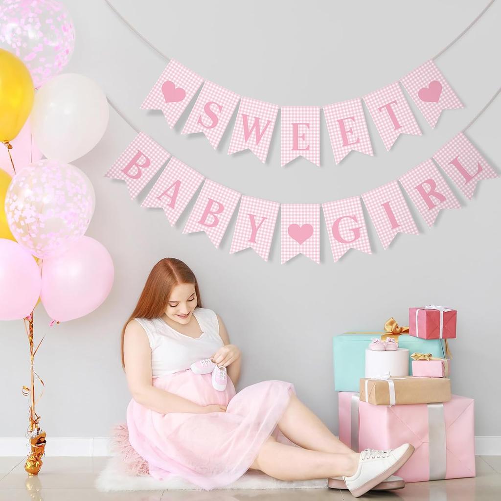 2 Pcs Pre Strung Pink Gingham Sweet Baby Girl Banner Pink Girl Baby Shower Banner Decorations for Gender Reveal Party Decor Supplies Table Wall