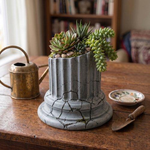 Gray designer flowerpot in the shape of a Greek column for plants