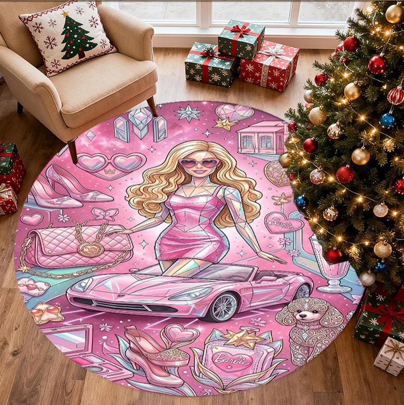 Barbie Pattern Round Rug, Indoor/Outdoor Mat, for Picnic, Gameroom, Bedroom, Office, Living Room, Home Decor Carpet, Birthday Gift