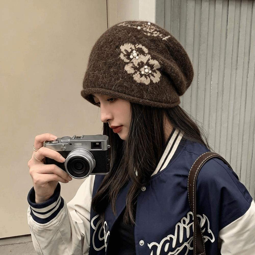 Ear Protection Floral Slouchy Beanie Windproof Fall Winter Cold Hat Jacquard Knit Hat Casual