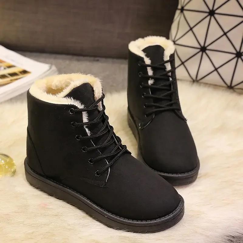 2024 Women Winter Snow Boots Warm Flat Platform Lace Up Ladies Women's Shoes New Flock Fur Suede Ankle Boots Plus Size 36-42