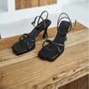 2025 Summer Narrow Band Heel Sandals Women Thick Heel 7 CM Ankle Strap Square Toe Ladies Dress Sandalias Women's Shoes