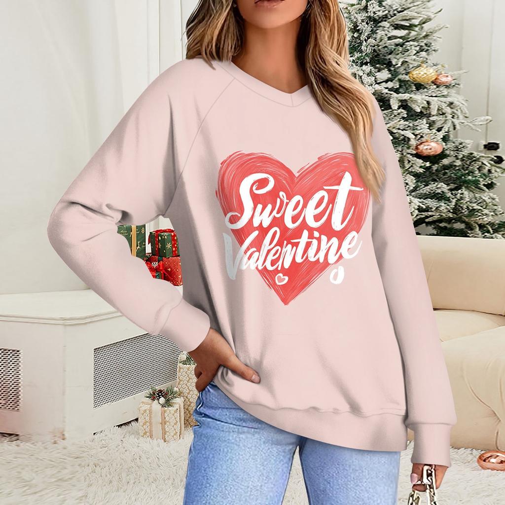 Женская повседневная мода комфорт с манжетой V-образным вырезом с принтом ко Дню святого Валентина пуловер с капюшоном