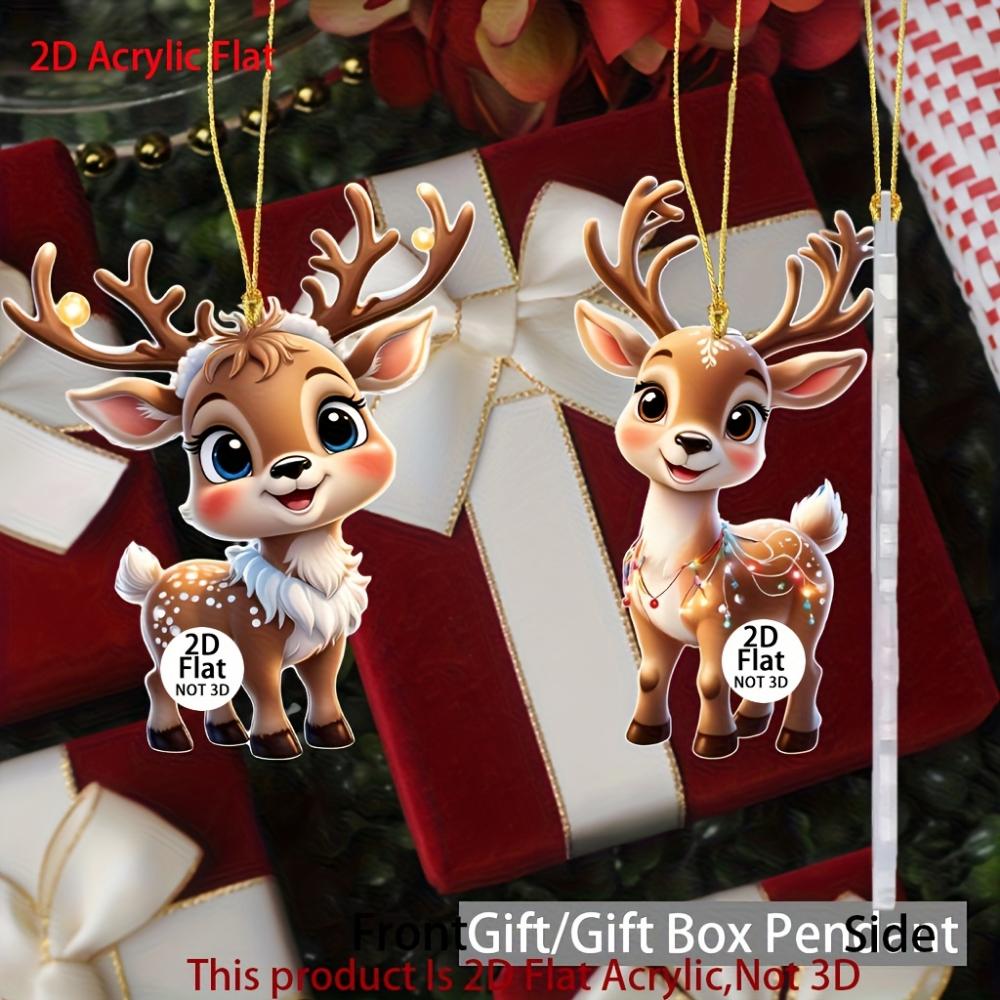 Cute Elk Baby with Christmas Lights Acrylic 2D Flat Pendant Christmas Tree Decoration Pendant Car Rearview Mirror Pendant Holiday Decoration Pendant