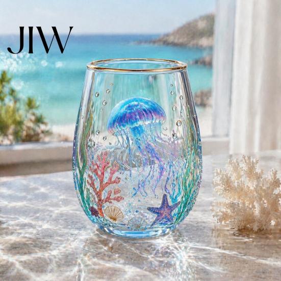 Unique Aesthetic Water Juice Whiskey Tumbler Ocean-Themed Glass Cup, Jellyfish/Dolphins/Sea Turtles/Octopus Hand-Painted, Thickened Drinking Versatile