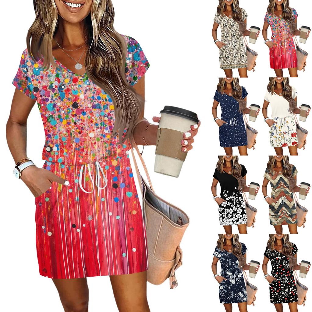 Women's Summer V-Neck Casual Short Sleeve Drawstring With Pocket Vintage Floral Dresses
