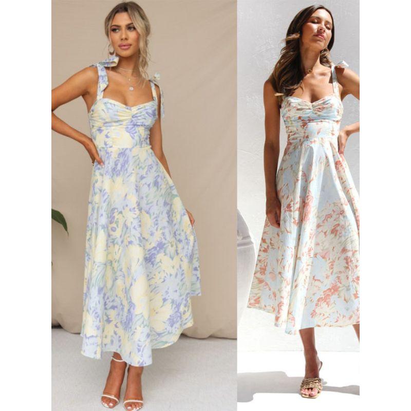 Сладкое Летнее Новое Маленькое Платье с Цветочным Принтом Силуэта Слим, Облегающее, с Завышенной Талией, А-силуэта, на Бретелях, Миди-длины, Женское Платье