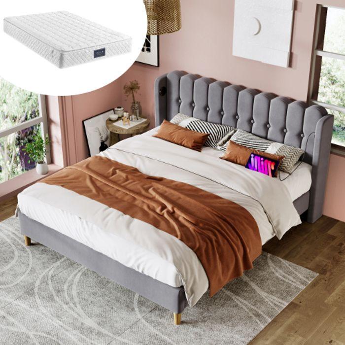 Lit double capitonné - MUVOE - 140 x 200 cm - Tête de lit avec USB - Matelas inclus - Gris