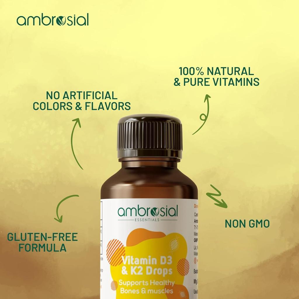 Ambrosial Vitamin D3 K2 Drops Жидкая добавка для взрослых и детей | Вкус манго (Упаковка 1-30 мл)