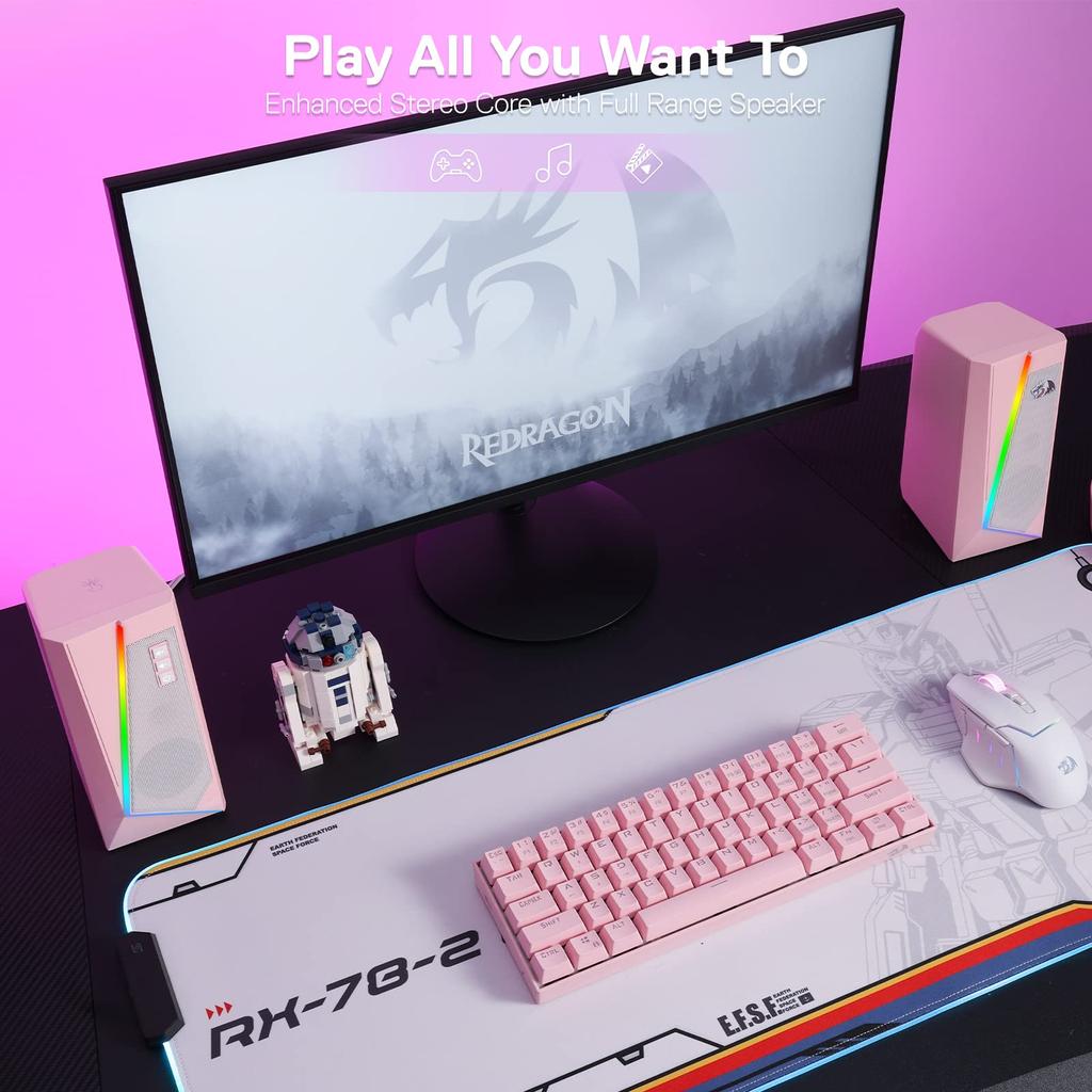Redragon GS520 RGB Настольные Стерео Колонки для ПК с 6 Цветными Светодиодами, Улучшенным Звуком и Легким Доступом к Громкости, USB-кабель, Розовые Колонки, 2.0 Колонки,