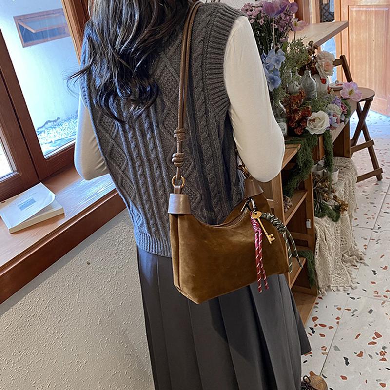 Вместительная замшевая сумка на молнии через плечо, однотонная, модная, трендовая сумка-тоут, мягкая строчка, простая подвеска, сумочка ARI