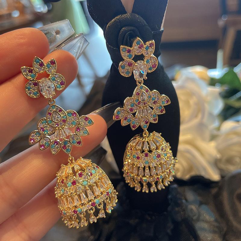 Light Luxury Wind Chimes Bell Earrings, Micro-Inlaid Color Zircon Birdcage Earrings, Exaggerated Personality, Unique Personality