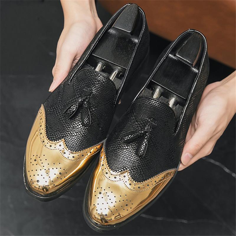 Fashion Luxury Designer Gentleman Tassels Pointed Oxford Leather Shoes Men Black Gold Mix Formal Wedding Prom Dress Homecoming Footwear