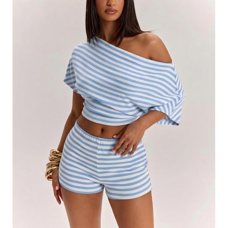 2026 Womens Striped Slim Fit Off-Shoulder Short Sleeve Top High-Waisted Shorts 2-Piece Casual Set
