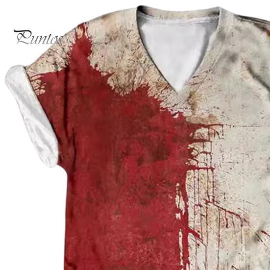 Женская футболка с V-образным вырезом и коротким рукавом, футболка с принтом крови на Хэллоуин, тонкая эластичная, для косплея, фестивалей, пуловеры, топы
