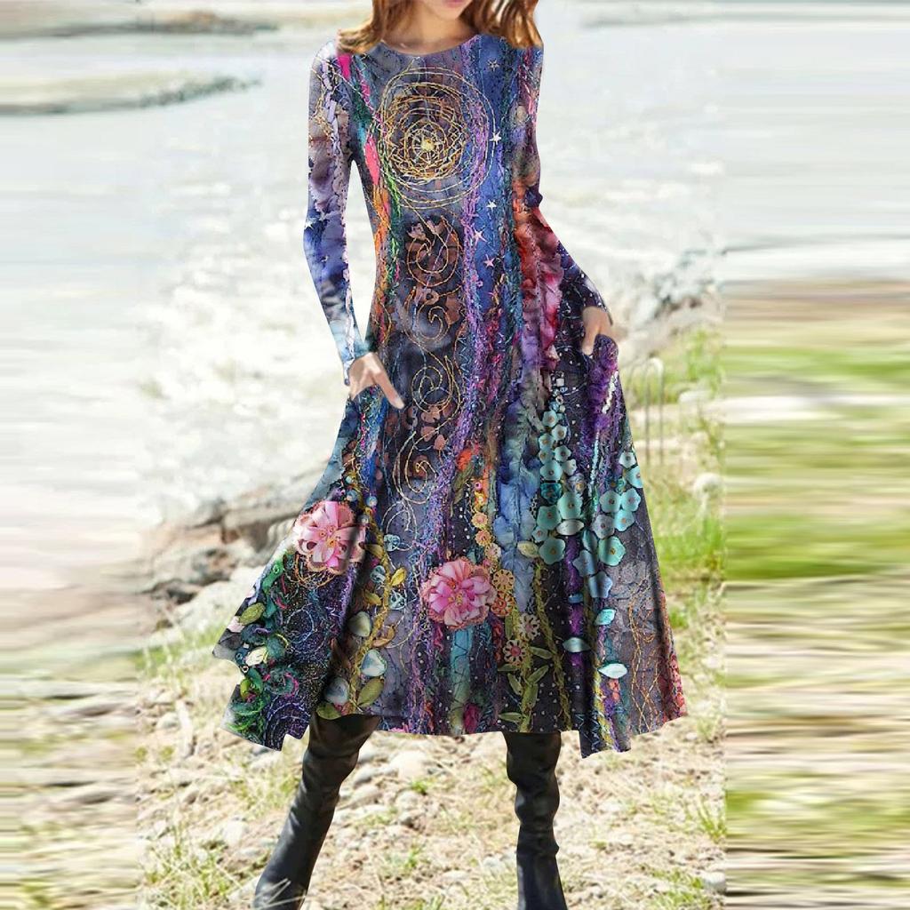 Women's Fashion Casual Printed Round Neck Pullover Slim Fitting Long Sleeve Dress