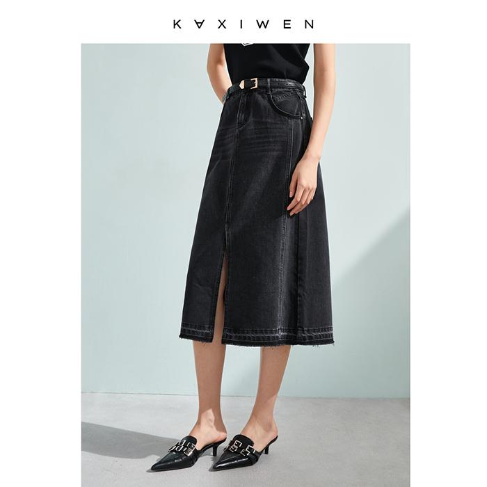 KVXIWEN Women's Black Denim Midi Skirt - High Waist Front Slit Long Jean Skirt with Belt Streetwear