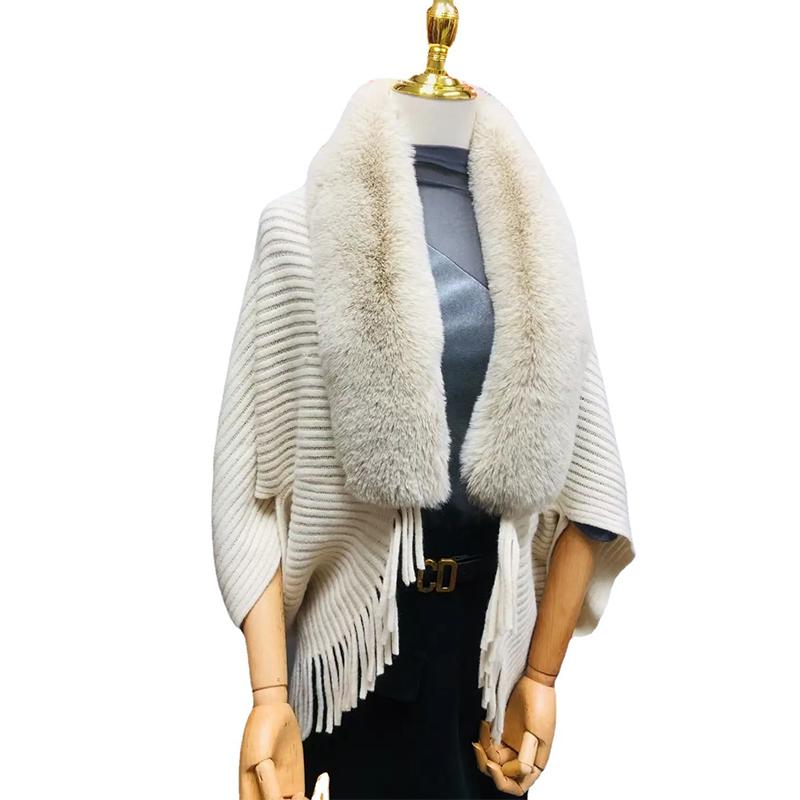 Winter Tassels Poncho Cloak Shawl Oversize Women Warm Faux Fur Collar Knit Cardigans Batwing Wraps Neck Fur Scarves Capes Coat