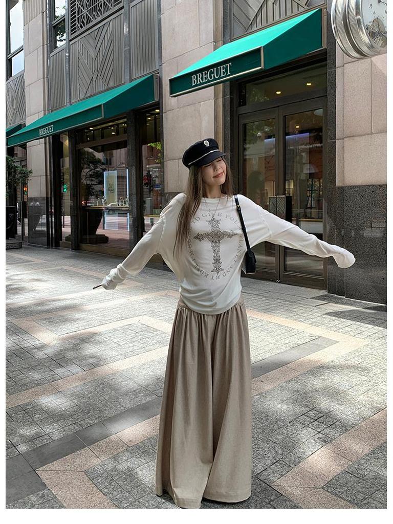 2024 Summer Women's Loose Long Sleeve Printed Drapey T-Shirt