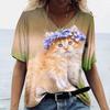 T-Shirt Women's 3D Cats Print Black Kawaii T Shirt Fashion Woman Blouses 2025 Female Clothing Oversized Summer Ladies V-Neck Top
