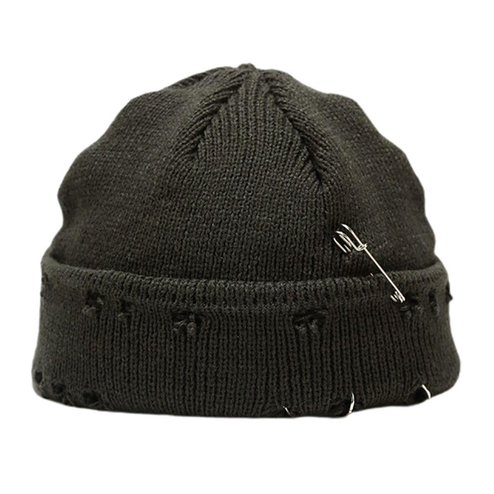 Casual Distressed Hole Female O-Ring Winter With Pins Knitted Hat Beanie Hat Warm Cap Solid Color